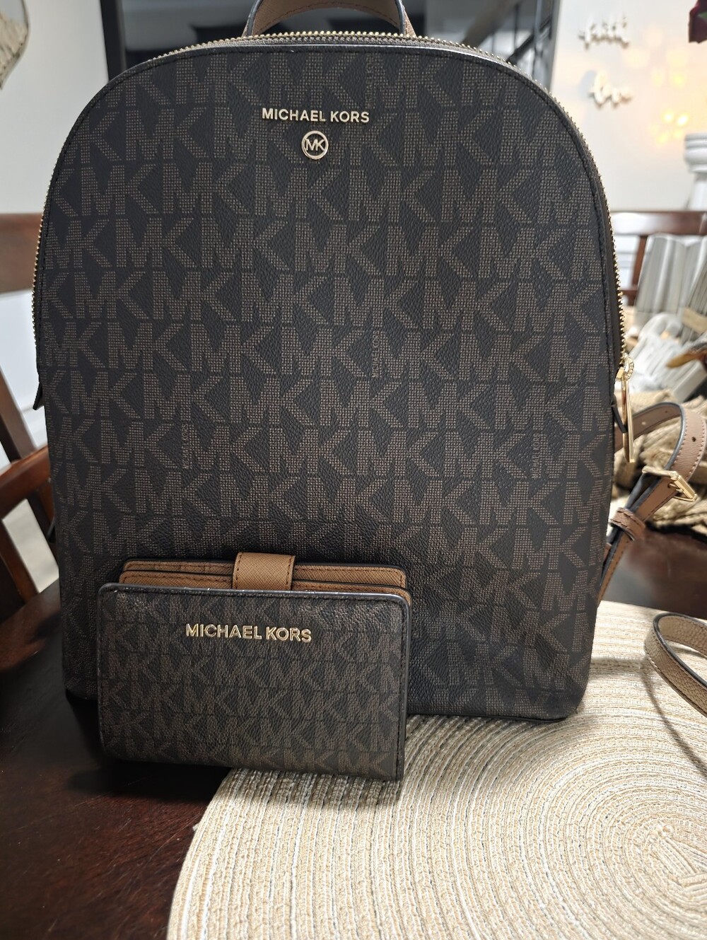 Michael Kors Dark Brown MK Logo Backpack with Matching Wallet
